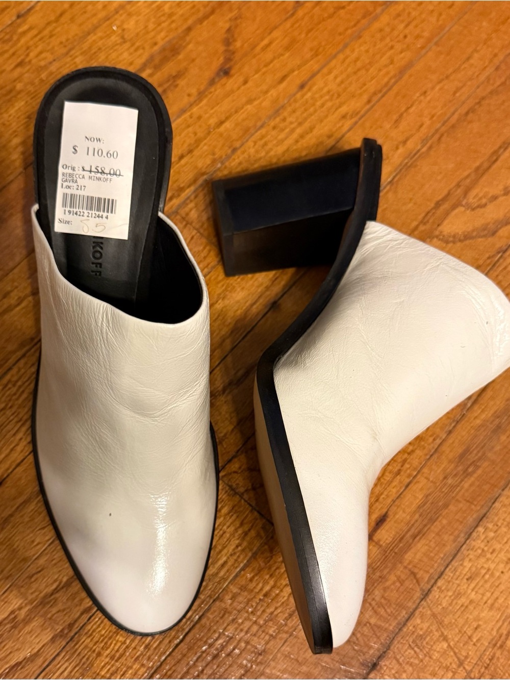 Rebecca Minkoff White Leather Block Heel Mules with Black Trim